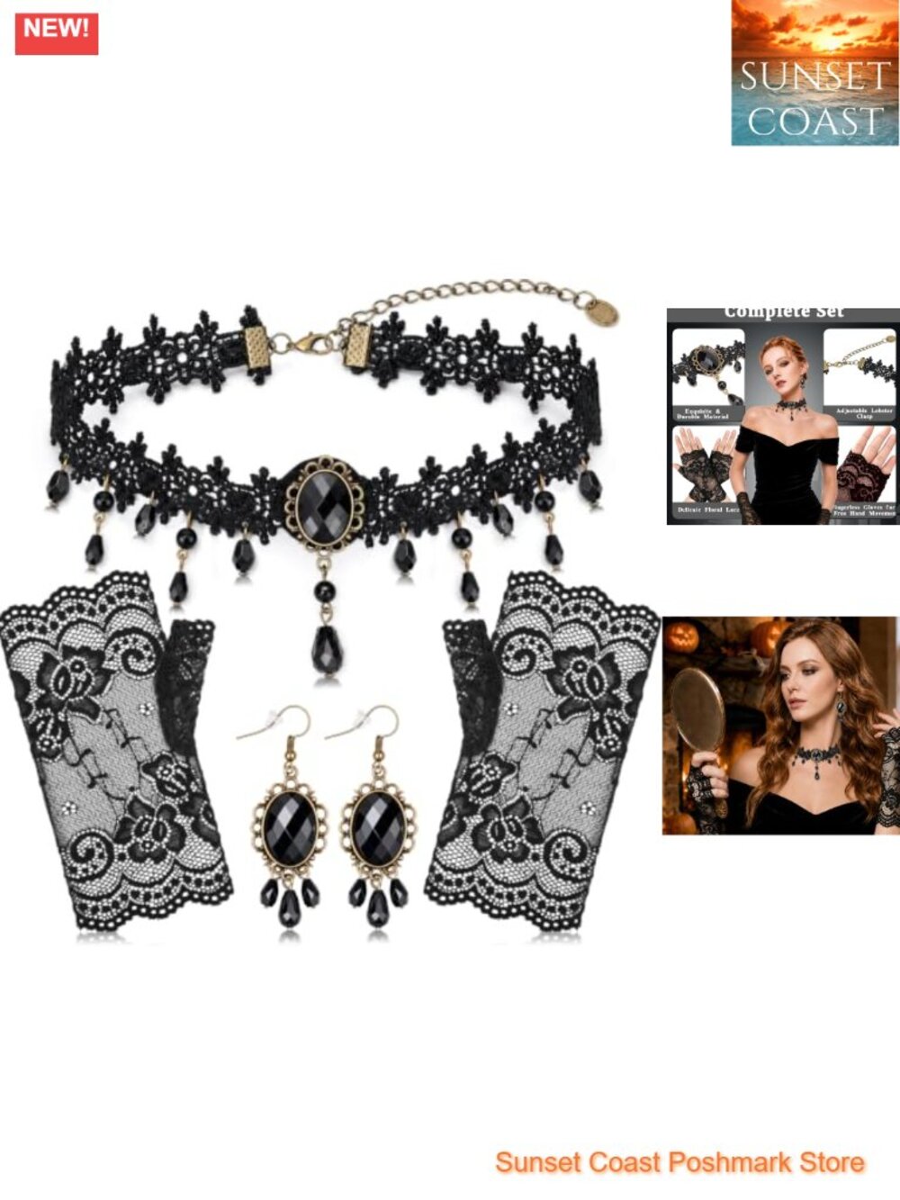 Gothic Lace Gloves Choker Earrings 5pc Costume Accessory Set Victorian